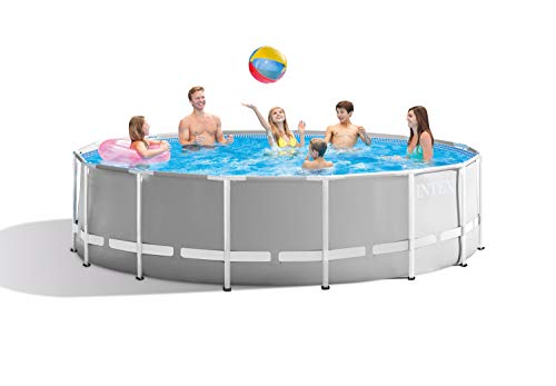 Intex 15 Foot x 42 Inch Prism Frame Above Ground Outdoor Backyard Swimming Pool Set with 1000 GPH Filter Pump, Ladder, and Secure Pool Cover, Gray