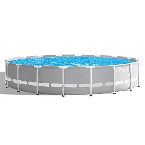 Intex 15 Foot x 42 Inch Prism Frame Above Ground Outdoor Backyard Swimming Pool Set with 1000 GPH Filter Pump, Ladder, and Secure Pool Cover, Gray