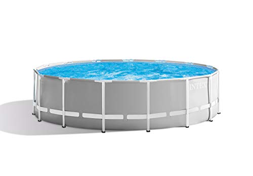 Intex 15 Foot x 42 Inch Prism Frame Above Ground Outdoor Backyard Swimming Pool Set with 1000 GPH Filter Pump, Ladder, and Secure Pool Cover, Gray