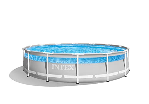 Intex 15 Foot x 42 Inch Prism Frame Above Ground Outdoor Backyard Swimming Pool Set with 1000 GPH Filter Pump, Ladder, and Secure Pool Cover, Gray