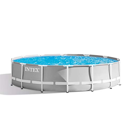 Intex 15 Foot x 42 Inch Prism Frame Above Ground Outdoor Backyard Swimming Pool Set with 1000 GPH Filter Pump, Ladder, and Secure Pool Cover, Gray