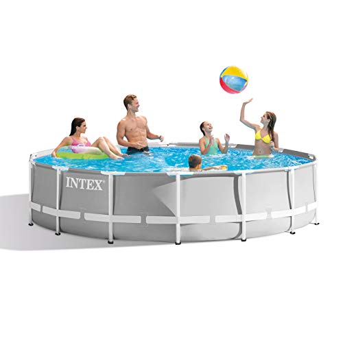 Intex 15 Foot x 42 Inch Prism Frame Above Ground Outdoor Backyard Swimming Pool Set with 1000 GPH Filter Pump, Ladder, and Secure Pool Cover, Gray