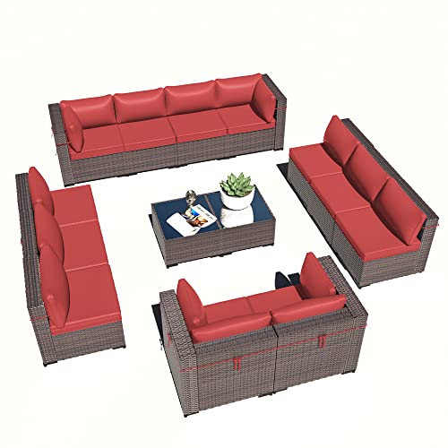 ASJMR Outdoor Patio Furniture Set with Fire Pit Table, 13 Pieces Outdoor Furniture Set Patio Sectional Sofa w/43in Propane Fire Pit, PE Wicker Rattan Patio Conversation Sets - Grey