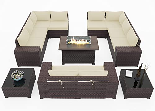RTDTD Outdoor Patio Furniture Set with Propane Fire Pit Table, 13 Pieces Outdoor Furniture Patio Sectional Sofa Conversation Sets w/ETL Approved 43" Gas Outdoor Fire Table & Coffee Table (Brown)