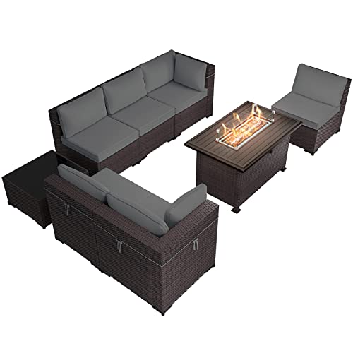 RTDTD Outdoor Patio Furniture Set with Propane Fire Pit Table, 13 Pieces Outdoor Furniture Patio Sectional Sofa Conversation Sets w/ETL Approved 43" Gas Outdoor Fire Table & Coffee Table (Brown)