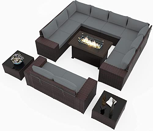 RTDTD Outdoor Patio Furniture Set with Propane Fire Pit Table, 13 Pieces Outdoor Furniture Patio Sectional Sofa Conversation Sets w/ETL Approved 43" Gas Outdoor Fire Table & Coffee Table (Brown)
