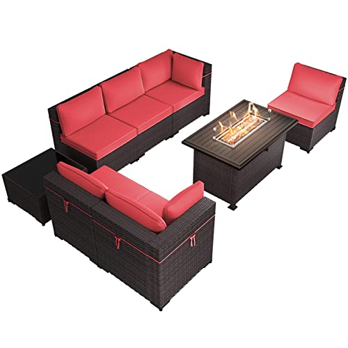 RTDTD Outdoor Patio Furniture Set with Propane Fire Pit Table, 13 Pieces Outdoor Furniture Patio Sectional Sofa Conversation Sets w/ETL Approved 43" Gas Outdoor Fire Table & Coffee Table (Brown)