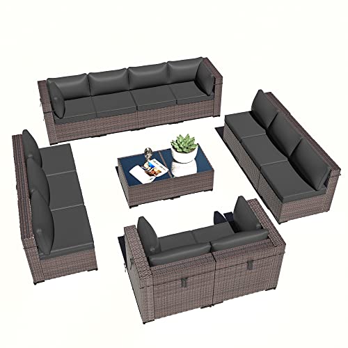 ASJMR Outdoor Patio Furniture Set with Fire Pit Table, 13 Pieces Outdoor Furniture Set Patio Sectional Sofa w/43in Propane Fire Pit, PE Wicker Rattan Patio Conversation Sets - Grey