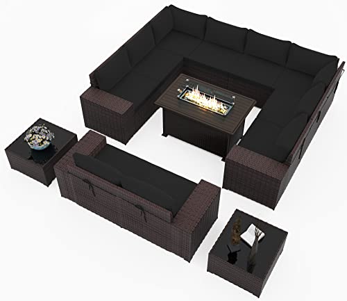 RTDTD Outdoor Patio Furniture Set with Propane Fire Pit Table, 13 Pieces Outdoor Furniture Patio Sectional Sofa Conversation Sets w/ETL Approved 43" Gas Outdoor Fire Table & Coffee Table (Brown)