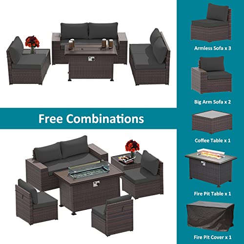 ASJMR Outdoor Patio Furniture Set with Fire Pit Table, 13 Pieces Outdoor Furniture Set Patio Sectional Sofa w/43in Propane Fire Pit, PE Wicker Rattan Patio Conversation Sets - Grey