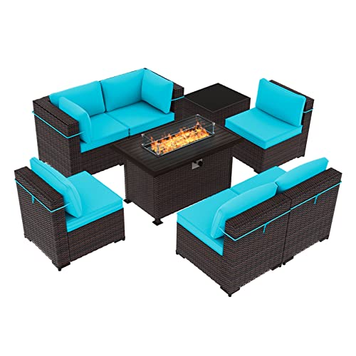 RTDTD Outdoor Patio Furniture Set with Propane Fire Pit Table, 13 Pieces Outdoor Furniture Patio Sectional Sofa Conversation Sets w/ETL Approved 43" Gas Outdoor Fire Table & Coffee Table (Brown)