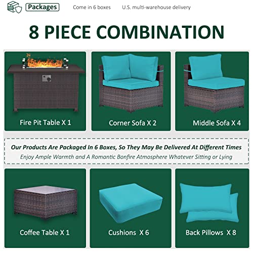 RTDTD Outdoor Patio Furniture Set with Propane Fire Pit Table, 13 Pieces Outdoor Furniture Patio Sectional Sofa Conversation Sets w/ETL Approved 43" Gas Outdoor Fire Table & Coffee Table (Brown)