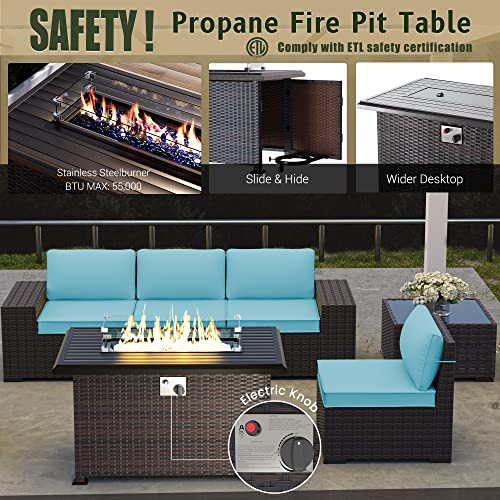 RTDTD Outdoor Patio Furniture Set with Propane Fire Pit Table, 13 Pieces Outdoor Furniture Patio Sectional Sofa Conversation Sets w/ETL Approved 43" Gas Outdoor Fire Table & Coffee Table (Brown)