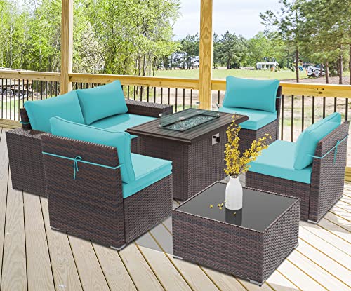 RTDTD Outdoor Patio Furniture Set with Propane Fire Pit Table, 13 Pieces Outdoor Furniture Patio Sectional Sofa Conversation Sets w/ETL Approved 43" Gas Outdoor Fire Table & Coffee Table (Brown)