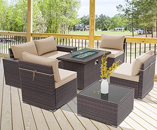 RTDTD Outdoor Patio Furniture Set with Propane Fire Pit Table, 13 Pieces Outdoor Furniture Patio Sectional Sofa Conversation Sets w/ETL Approved 43" Gas Outdoor Fire Table & Coffee Table (Brown)