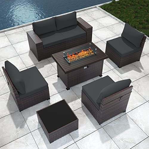 ASJMR Outdoor Patio Furniture Set with Fire Pit Table, 13 Pieces Outdoor Furniture Set Patio Sectional Sofa w/43in Propane Fire Pit, PE Wicker Rattan Patio Conversation Sets - Grey