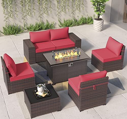 ASJMR Outdoor Patio Furniture Set with Fire Pit Table, 13 Pieces Outdoor Furniture Set Patio Sectional Sofa w/43in Propane Fire Pit, PE Wicker Rattan Patio Conversation Sets - Grey