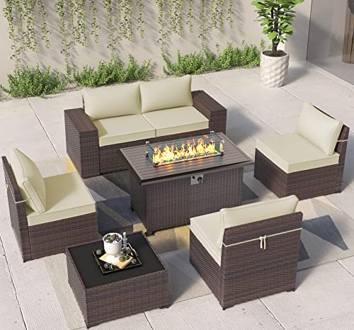 ASJMR Outdoor Patio Furniture Set with Fire Pit Table, 13 Pieces Outdoor Furniture Set Patio Sectional Sofa w/43in Propane Fire Pit, PE Wicker Rattan Patio Conversation Sets - Grey