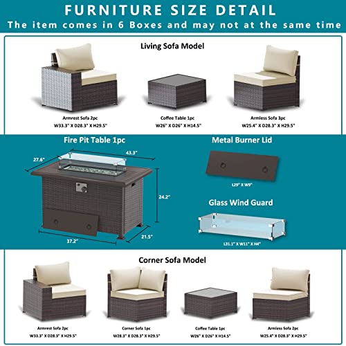 ASJMR Outdoor Patio Furniture Set with Fire Pit Table, 13 Pieces Outdoor Furniture Set Patio Sectional Sofa w/43in Propane Fire Pit, PE Wicker Rattan Patio Conversation Sets - Grey
