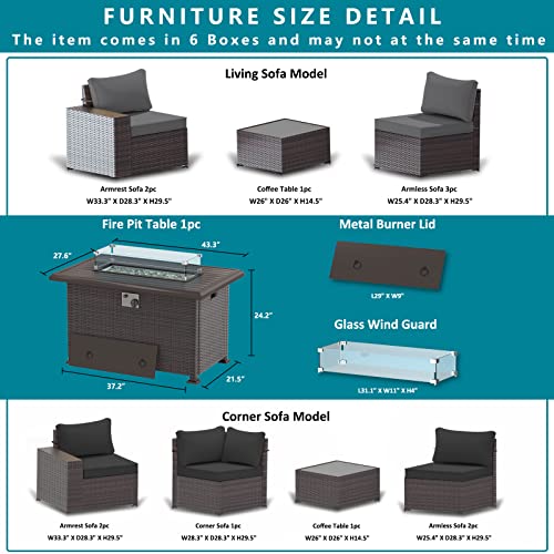 ASJMR Outdoor Patio Furniture Set with Fire Pit Table, 13 Pieces Outdoor Furniture Set Patio Sectional Sofa w/43in Propane Fire Pit, PE Wicker Rattan Patio Conversation Sets - Grey