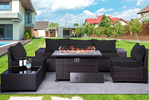 RTDTD Outdoor Patio Furniture Set with Propane Fire Pit Table, 13 Pieces Outdoor Furniture Patio Sectional Sofa Conversation Sets w/ETL Approved 43" Gas Outdoor Fire Table & Coffee Table (Brown)