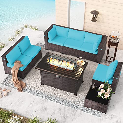 RTDTD Outdoor Patio Furniture Set with Propane Fire Pit Table, 13 Pieces Outdoor Furniture Patio Sectional Sofa Conversation Sets w/ETL Approved 43" Gas Outdoor Fire Table & Coffee Table (Brown)