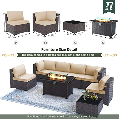 RTDTD Outdoor Patio Furniture Set with Propane Fire Pit Table, 13 Pieces Outdoor Furniture Patio Sectional Sofa Conversation Sets w/ETL Approved 43" Gas Outdoor Fire Table & Coffee Table (Brown)