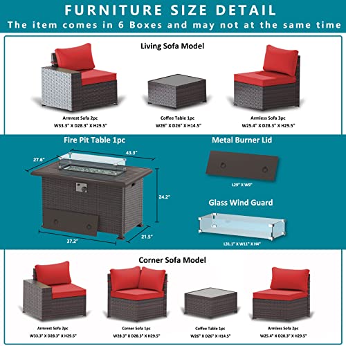 ASJMR Outdoor Patio Furniture Set with Fire Pit Table, 13 Pieces Outdoor Furniture Set Patio Sectional Sofa w/43in Propane Fire Pit, PE Wicker Rattan Patio Conversation Sets - Grey