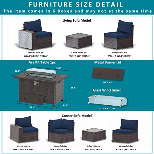 ASJMR Outdoor Patio Furniture Set with Fire Pit Table, 13 Pieces Outdoor Furniture Set Patio Sectional Sofa w/43in Propane Fire Pit, PE Wicker Rattan Patio Conversation Sets - Grey