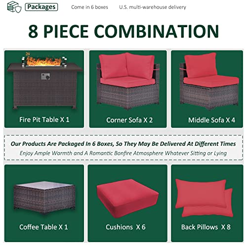 RTDTD Outdoor Patio Furniture Set with Propane Fire Pit Table, 13 Pieces Outdoor Furniture Patio Sectional Sofa Conversation Sets w/ETL Approved 43" Gas Outdoor Fire Table & Coffee Table (Brown)