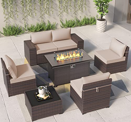 ASJMR Outdoor Patio Furniture Set with Fire Pit Table, 13 Pieces Outdoor Furniture Set Patio Sectional Sofa w/43in Propane Fire Pit, PE Wicker Rattan Patio Conversation Sets - Grey