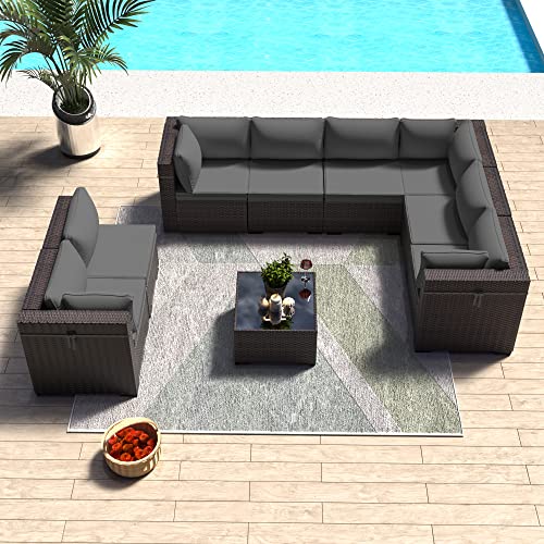 ASJMR Outdoor Patio Furniture Set with Fire Pit Table, 13 Pieces Outdoor Furniture Set Patio Sectional Sofa w/43in Propane Fire Pit, PE Wicker Rattan Patio Conversation Sets - Grey