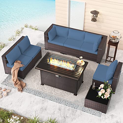 RTDTD Outdoor Patio Furniture Set with Propane Fire Pit Table, 13 Pieces Outdoor Furniture Patio Sectional Sofa Conversation Sets w/ETL Approved 43" Gas Outdoor Fire Table & Coffee Table (Brown)