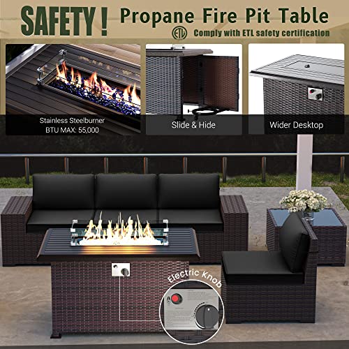 RTDTD Outdoor Patio Furniture Set with Propane Fire Pit Table, 13 Pieces Outdoor Furniture Patio Sectional Sofa Conversation Sets w/ETL Approved 43" Gas Outdoor Fire Table & Coffee Table (Brown)
