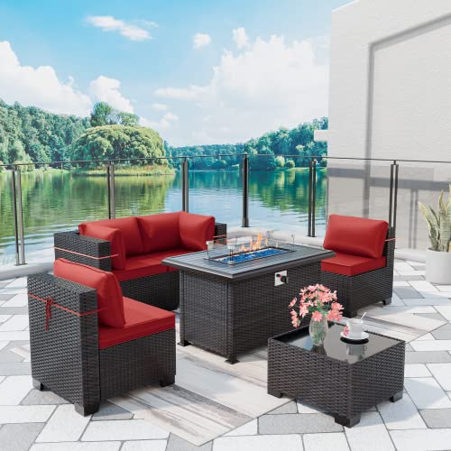 ASJMR Outdoor Patio Furniture Set with Fire Pit Table, 13 Pieces Outdoor Furniture Set Patio Sectional Sofa w/43in Propane Fire Pit, PE Wicker Rattan Patio Conversation Sets - Grey