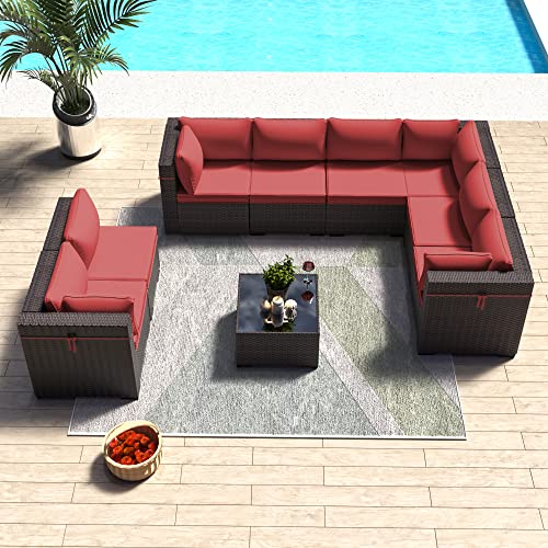 ASJMR Outdoor Patio Furniture Set with Fire Pit Table, 13 Pieces Outdoor Furniture Set Patio Sectional Sofa w/43in Propane Fire Pit, PE Wicker Rattan Patio Conversation Sets - Grey