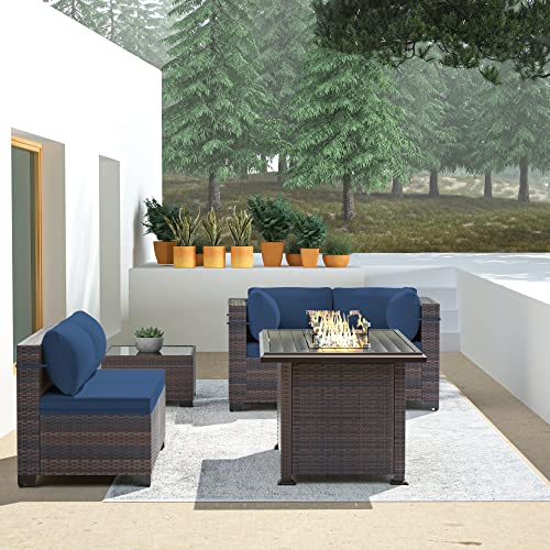 ASJMR Outdoor Patio Furniture Set with Fire Pit Table, 13 Pieces Outdoor Furniture Set Patio Sectional Sofa w/43in Propane Fire Pit, PE Wicker Rattan Patio Conversation Sets - Grey