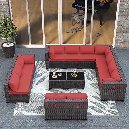 ASJMR Outdoor Patio Furniture Set with Fire Pit Table, 13 Pieces Outdoor Furniture Set Patio Sectional Sofa w/43in Propane Fire Pit, PE Wicker Rattan Patio Conversation Sets - Grey