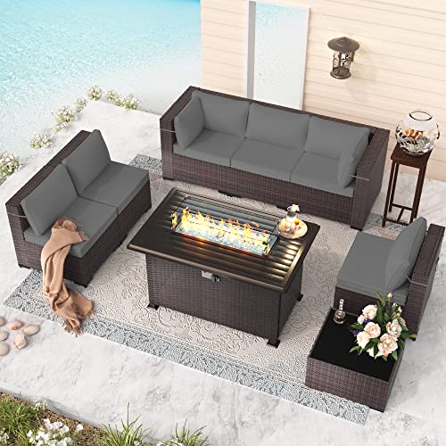 RTDTD Outdoor Patio Furniture Set with Propane Fire Pit Table, 13 Pieces Outdoor Furniture Patio Sectional Sofa Conversation Sets w/ETL Approved 43" Gas Outdoor Fire Table & Coffee Table (Brown)