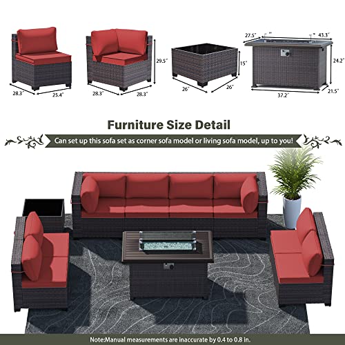 RTDTD Outdoor Patio Furniture Set with Propane Fire Pit Table, 13 Pieces Outdoor Furniture Patio Sectional Sofa Conversation Sets w/ETL Approved 43" Gas Outdoor Fire Table & Coffee Table (Brown)