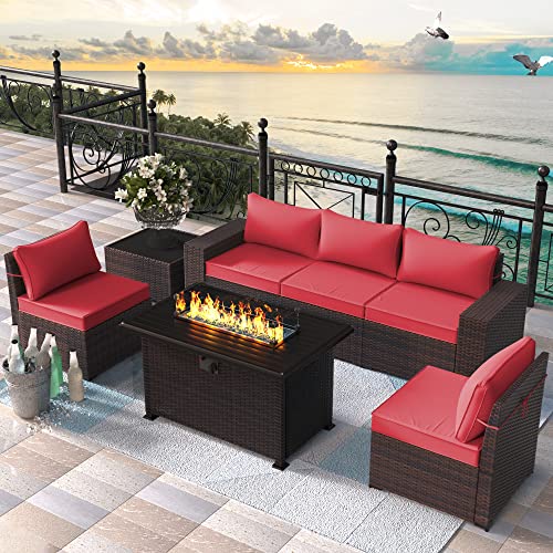 RTDTD Outdoor Patio Furniture Set with Propane Fire Pit Table, 13 Pieces Outdoor Furniture Patio Sectional Sofa Conversation Sets w/ETL Approved 43" Gas Outdoor Fire Table & Coffee Table (Brown)