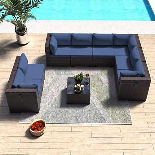 ASJMR Outdoor Patio Furniture Set with Fire Pit Table, 13 Pieces Outdoor Furniture Set Patio Sectional Sofa w/43in Propane Fire Pit, PE Wicker Rattan Patio Conversation Sets - Grey