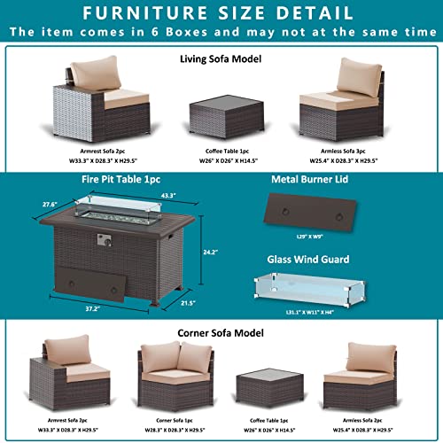 ASJMR Outdoor Patio Furniture Set with Fire Pit Table, 13 Pieces Outdoor Furniture Set Patio Sectional Sofa w/43in Propane Fire Pit, PE Wicker Rattan Patio Conversation Sets - Grey