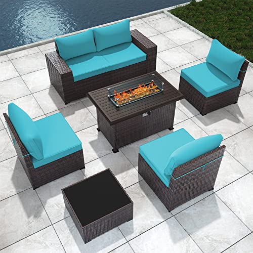 ASJMR Outdoor Patio Furniture Set with Fire Pit Table, 13 Pieces Outdoor Furniture Set Patio Sectional Sofa w/43in Propane Fire Pit, PE Wicker Rattan Patio Conversation Sets - Grey