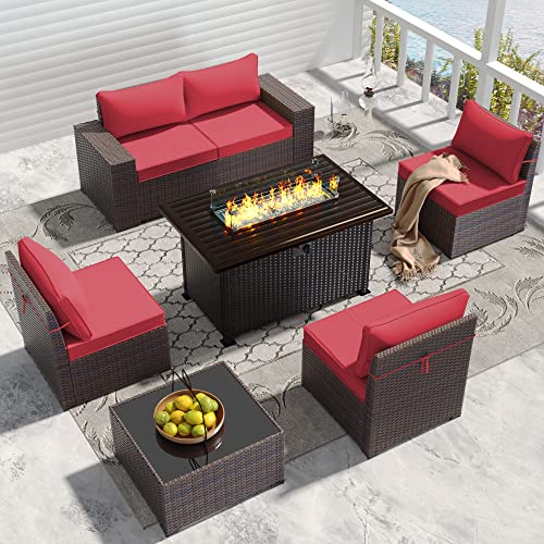 RTDTD Outdoor Patio Furniture Set with Propane Fire Pit Table, 13 Pieces Outdoor Furniture Patio Sectional Sofa Conversation Sets w/ETL Approved 43" Gas Outdoor Fire Table & Coffee Table (Brown)