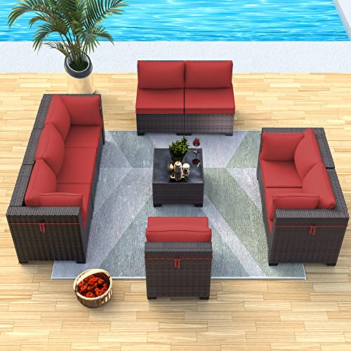 ASJMR Outdoor Patio Furniture Set with Fire Pit Table, 13 Pieces Outdoor Furniture Set Patio Sectional Sofa w/43in Propane Fire Pit, PE Wicker Rattan Patio Conversation Sets - Grey