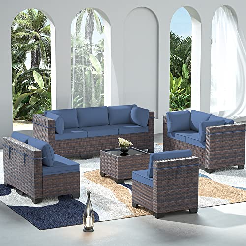 ASJMR Outdoor Patio Furniture Set with Fire Pit Table, 13 Pieces Outdoor Furniture Set Patio Sectional Sofa w/43in Propane Fire Pit, PE Wicker Rattan Patio Conversation Sets - Grey