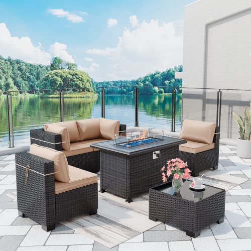 ASJMR Outdoor Patio Furniture Set with Fire Pit Table, 13 Pieces Outdoor Furniture Set Patio Sectional Sofa w/43in Propane Fire Pit, PE Wicker Rattan Patio Conversation Sets - Grey