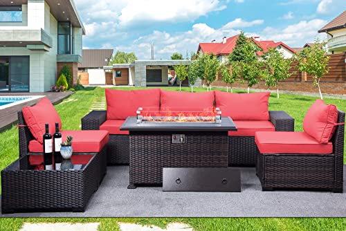 RTDTD Outdoor Patio Furniture Set with Propane Fire Pit Table, 13 Pieces Outdoor Furniture Patio Sectional Sofa Conversation Sets w/ETL Approved 43" Gas Outdoor Fire Table & Coffee Table (Brown)