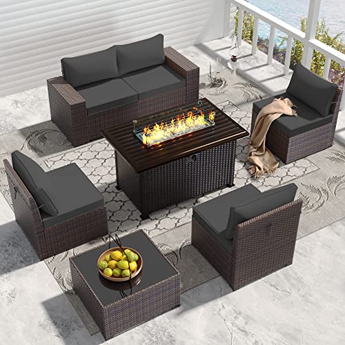 RTDTD Outdoor Patio Furniture Set with Propane Fire Pit Table, 13 Pieces Outdoor Furniture Patio Sectional Sofa Conversation Sets w/ETL Approved 43" Gas Outdoor Fire Table & Coffee Table (Brown)